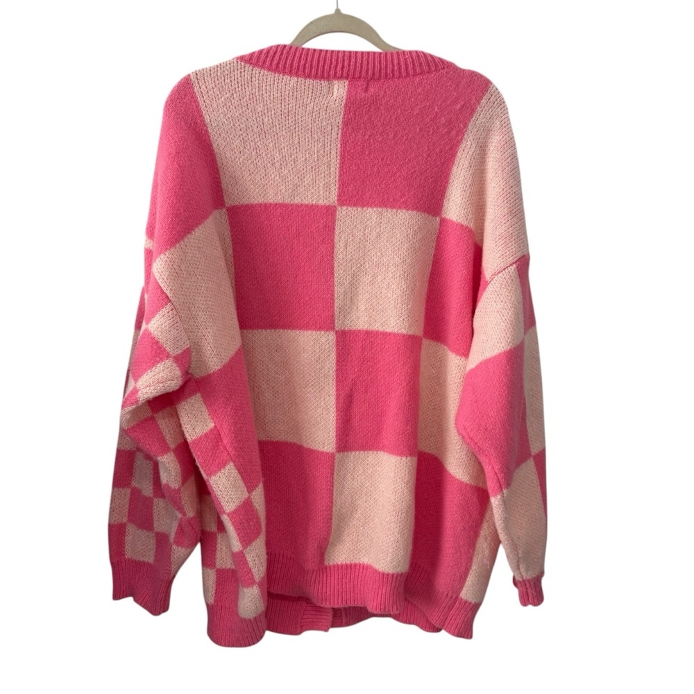 Bibi Large Pink Cream Checkerboard Oversized Button Front Cardigan Sweater - Picture 3 of 5